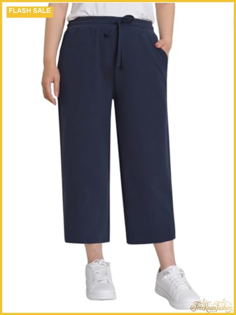 Wide Leg Cotton Capri Pants with Pockets Drawstring Mid Rise Cropped